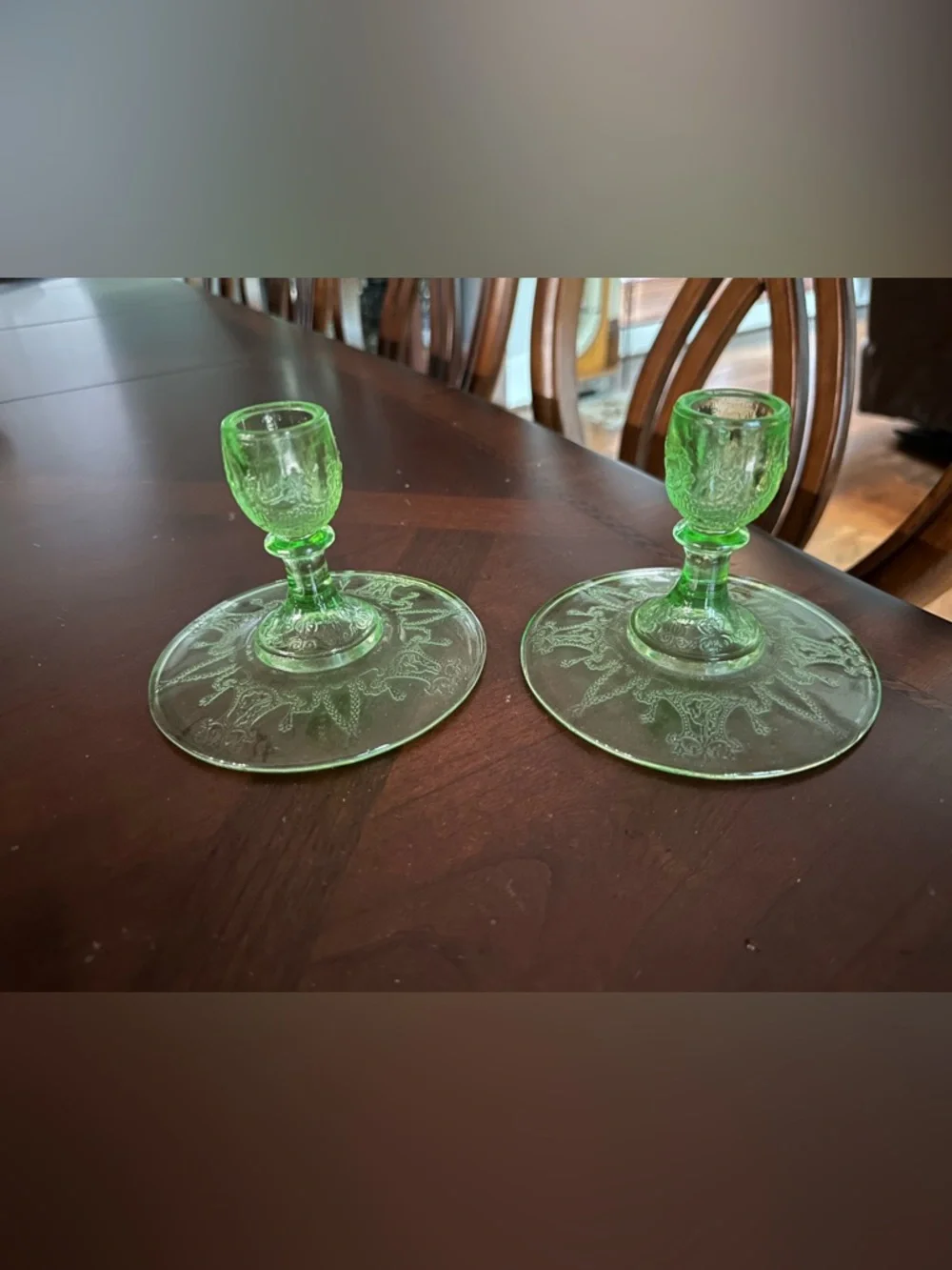 HOCKING GLASS CO. CAMEO or BALLERINA GREEN RARE PAIR 3